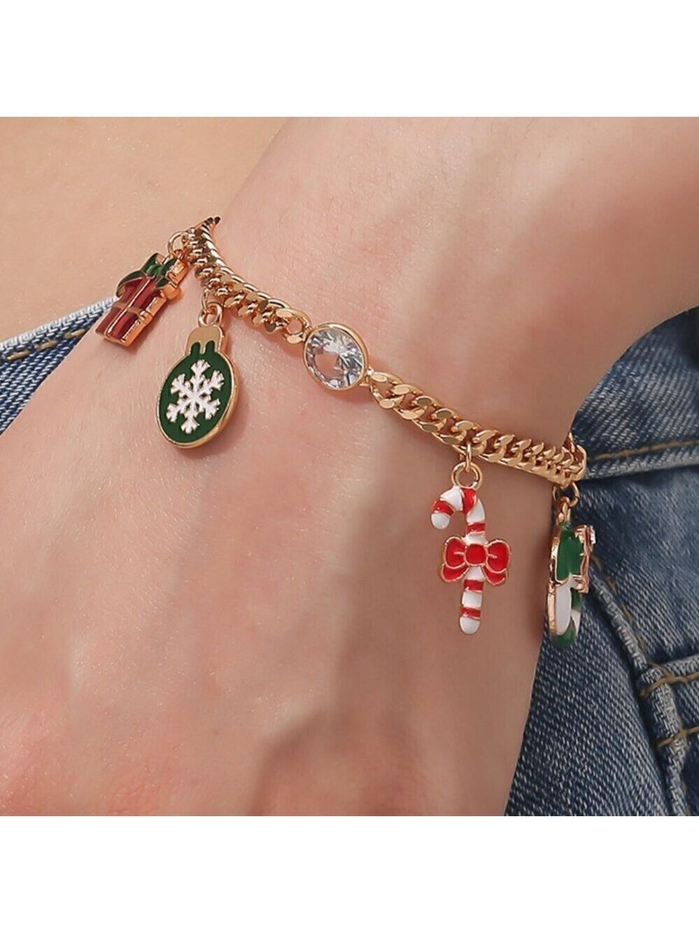 Christmas Themed Charm Bracelet, Snowflake, Candy Cane, Gift, Wreath Charms